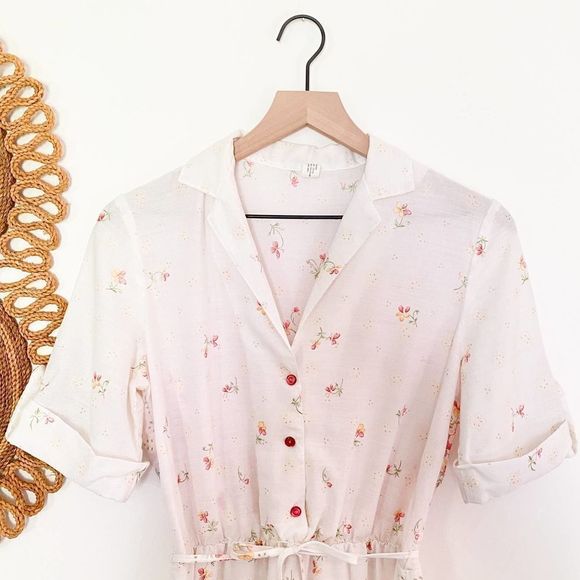 Vintage 1950s Retro Cottagecore Dress, Mid Century Boho Fairy Floral Shirt Dress - Picture 7 of 14